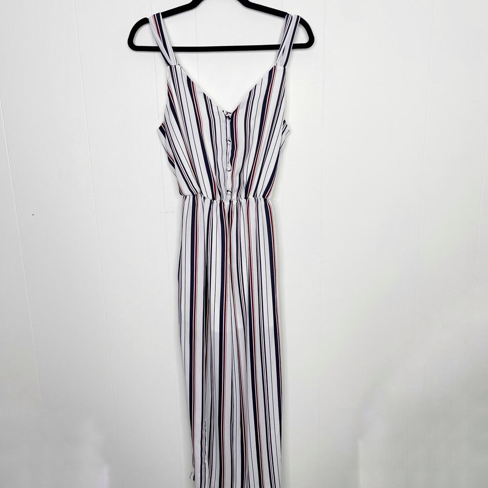 Sienna Sky Striped Button Front Jumpsuit Tie Back White Blue Red M Tie Waist